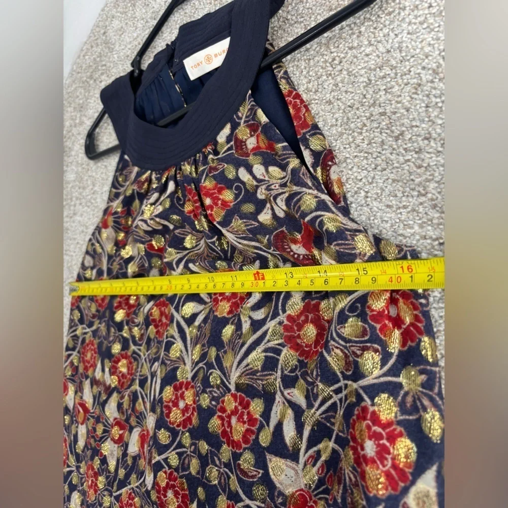 Tory Burch Silk Floral Gold Metallic Halter Top Blouse Size 4 Business casual